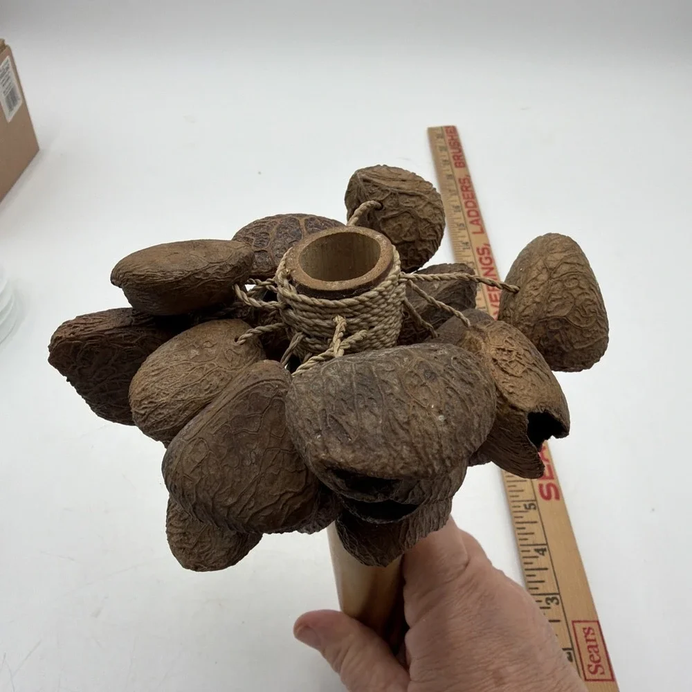 Vintage Natural Seed Pod Rattle Shaker Wooden Handle Percussion Instrument Folk